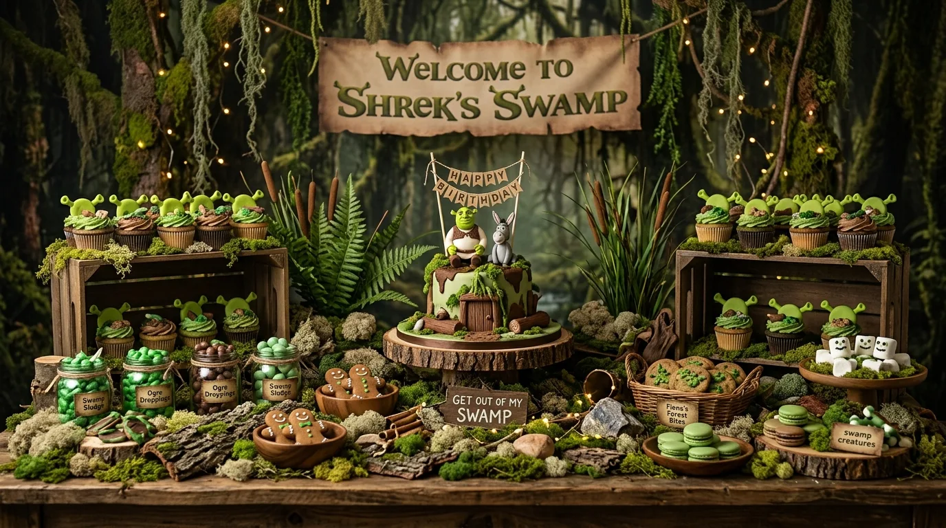 Shrek dessert table styled like a swamp with green and brown decor