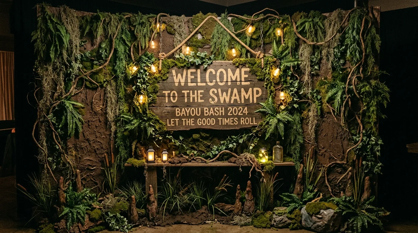 Shrek party backdrop designed as swamp scene with greenery, faux vines, and wooden sign