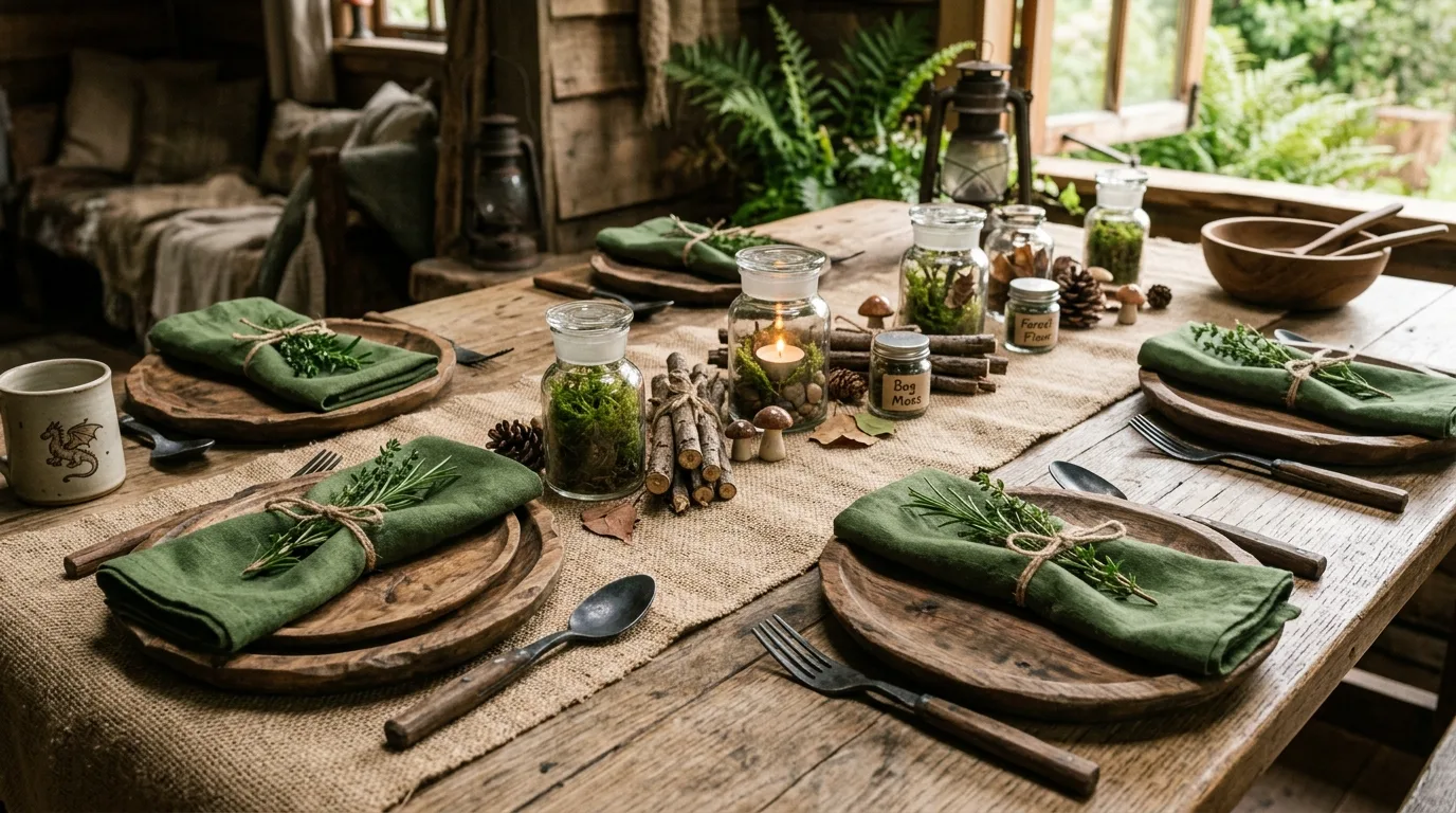 Shrek inspired table setup with burlap runner, wooden plates, green napkins, and moss jars