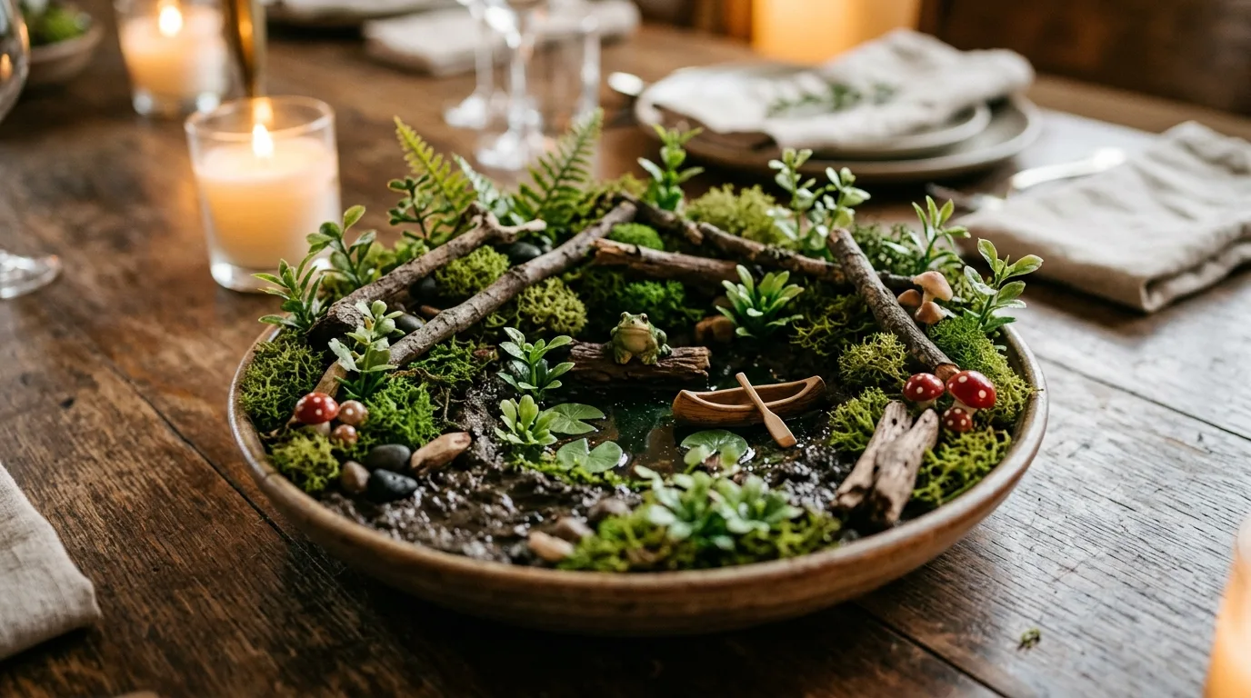 Shrek centerpiece with moss, faux mud, logs, and green decorative elements