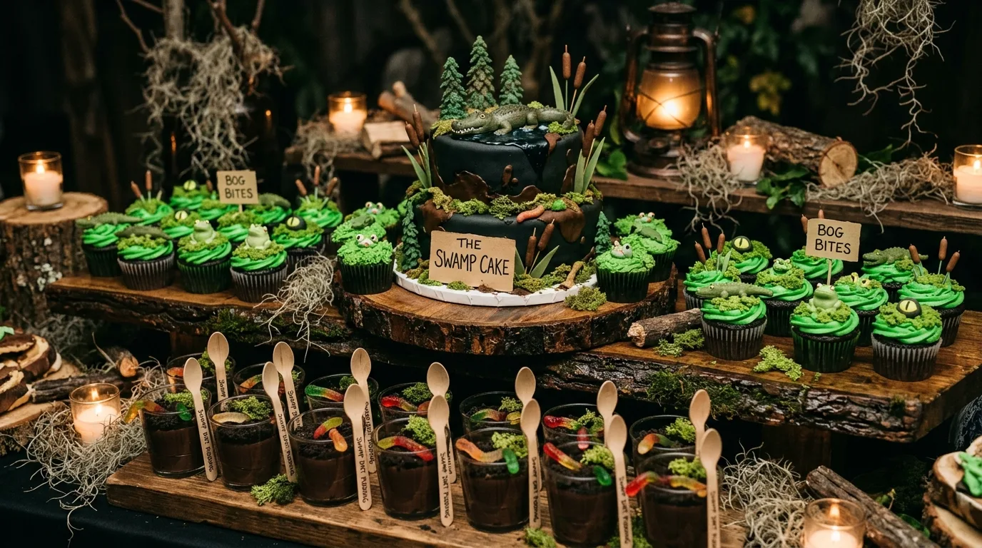 Shrek themed dessert display with green cupcakes, dirt pudding cups, and rustic cake stand