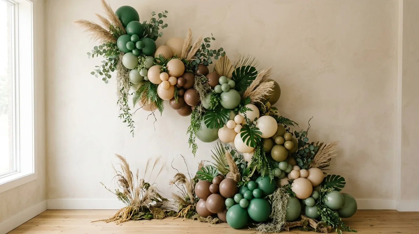 Balloon arrangement in green, brown, and beige for Shrek themed party