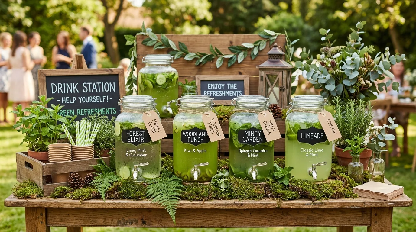 Shrek themed drink station with green beverages, rustic labels, moss, and wooden table