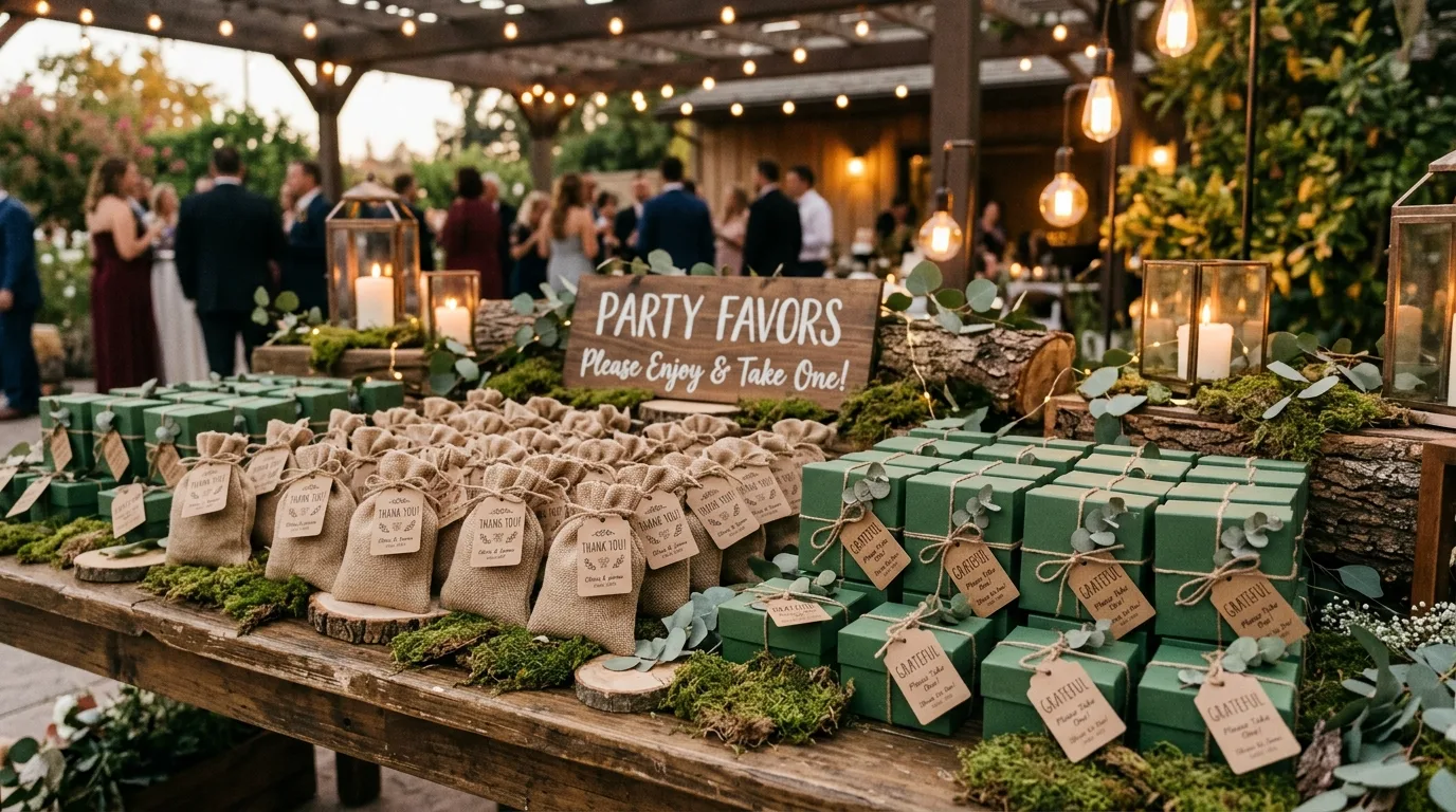 Party favor table with burlap sacks, green gift boxes, rustic tags, and moss