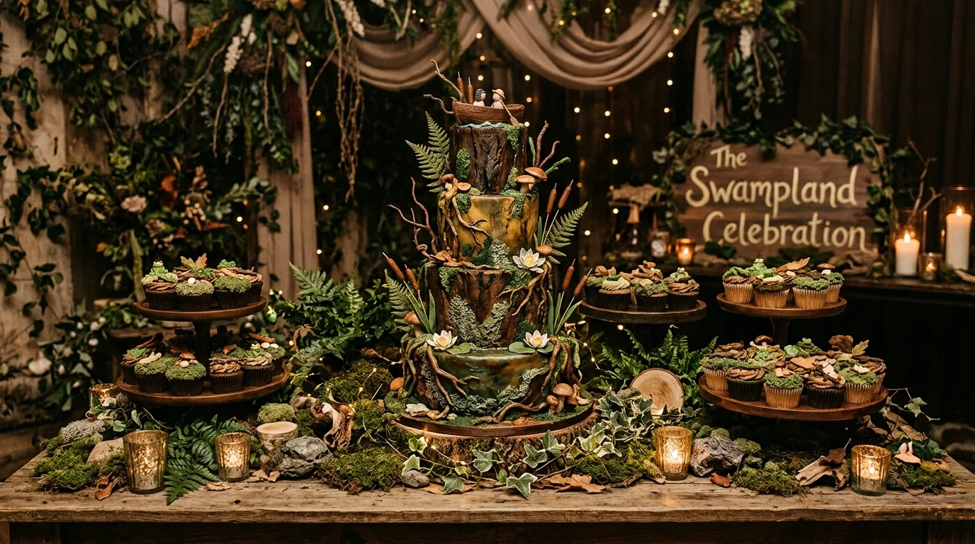 Shrek cake table with swamp textured cake, cupcakes, and moss decorations