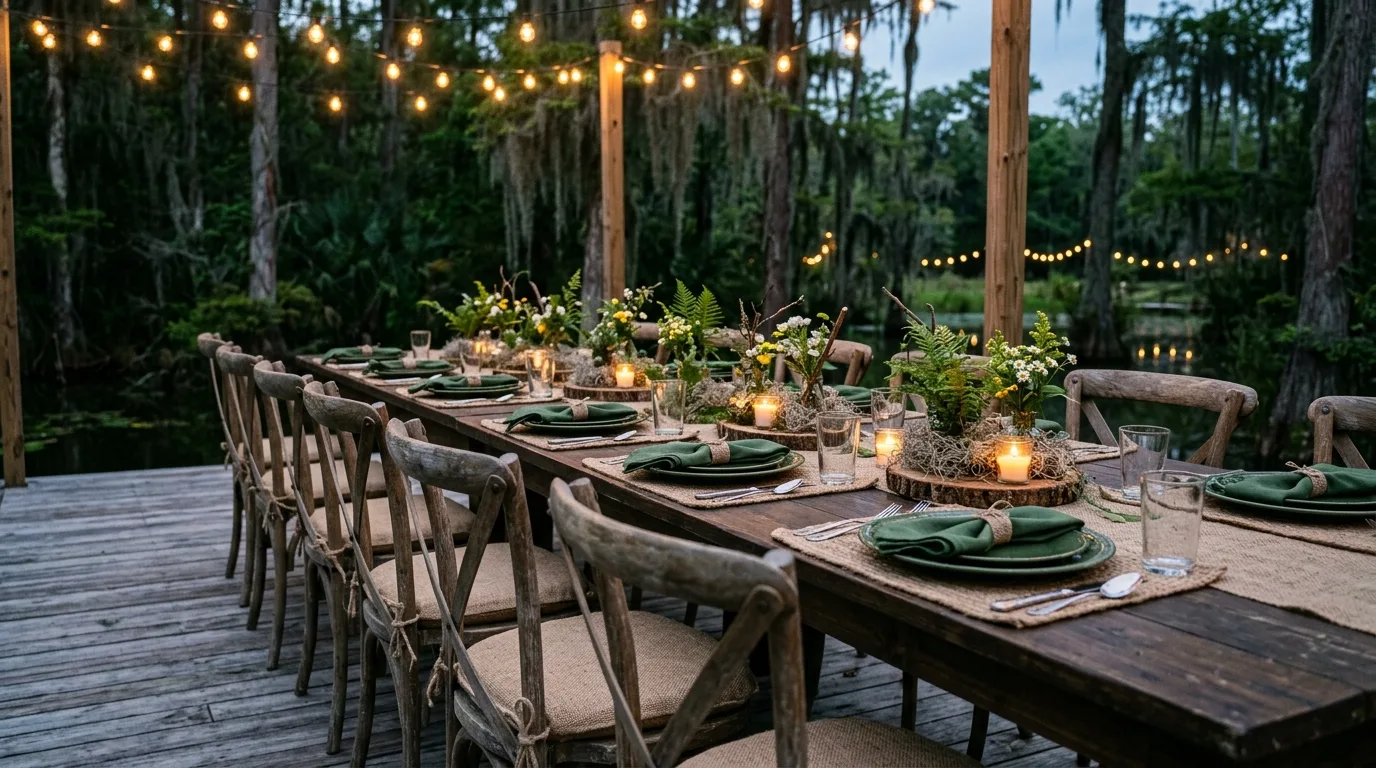 Rustic Shrek party seating with wooden chairs, burlap cushions, and green table settings