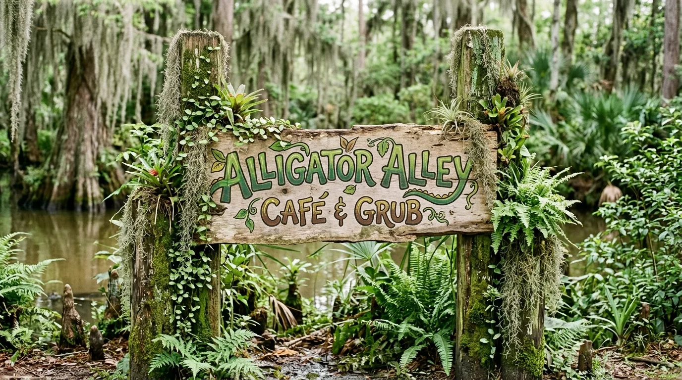 Themed Shrek sign display with rustic lettering, moss, and greenery