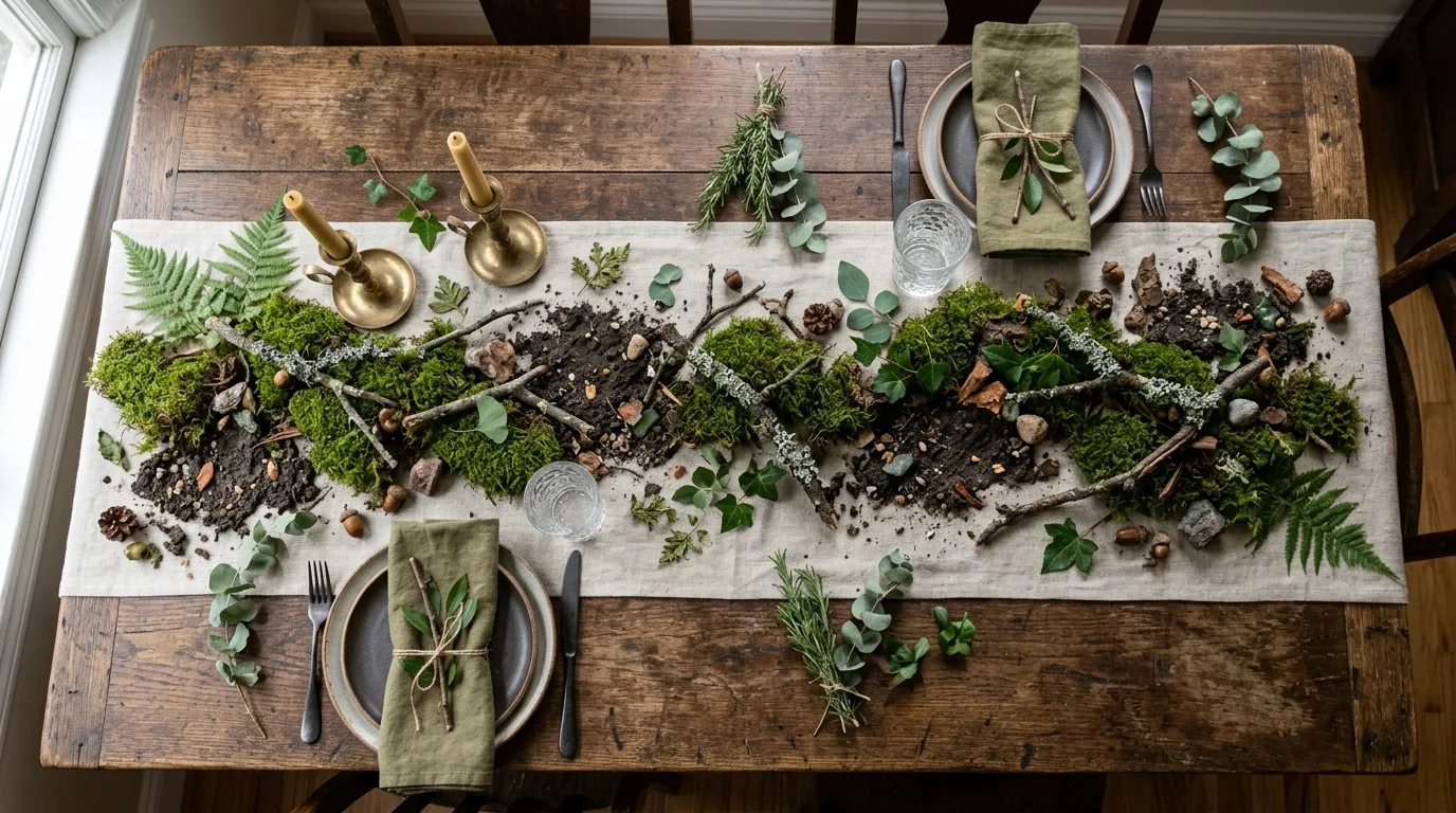 Table runner decorated with moss, faux mud textures, branches, and green accents