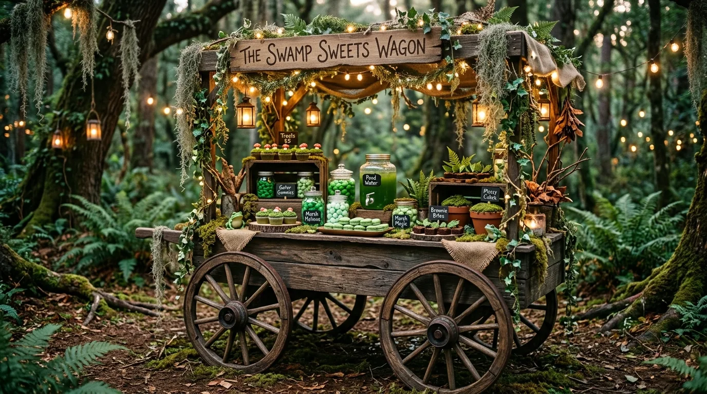 Whimsical dessert cart styled like swamp wagon with green treats and moss accents