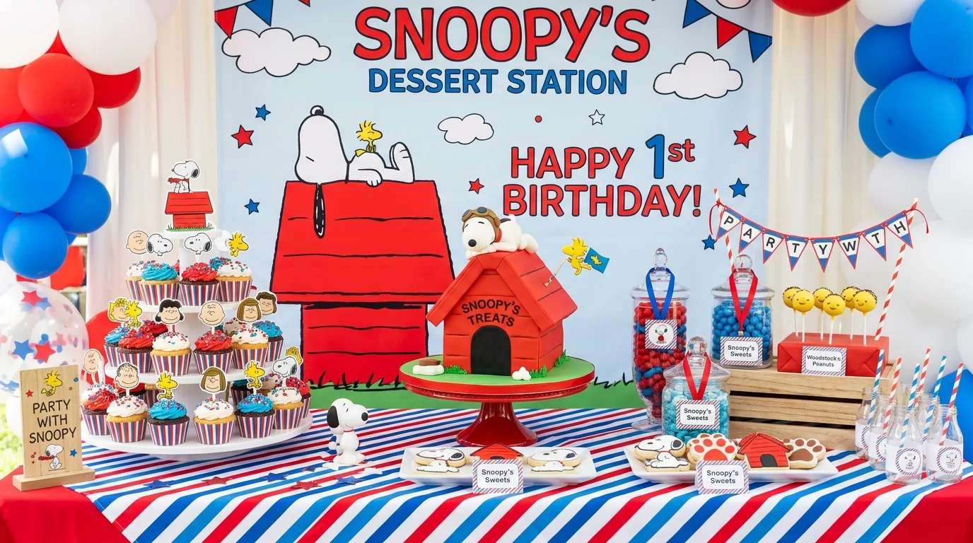 Snoopy dessert table with red white and blue decor and doghouse cake