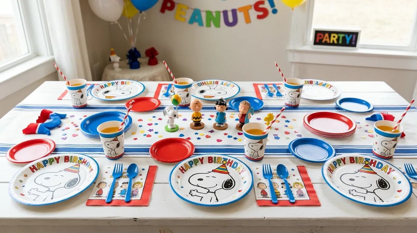 Snoopy party table setup with themed plates, cups, napkins, and character figurines