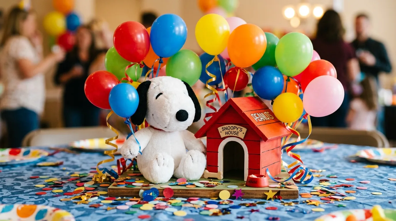 Snoopy centerpiece with plush toy, miniature red doghouse, balloons, and confetti