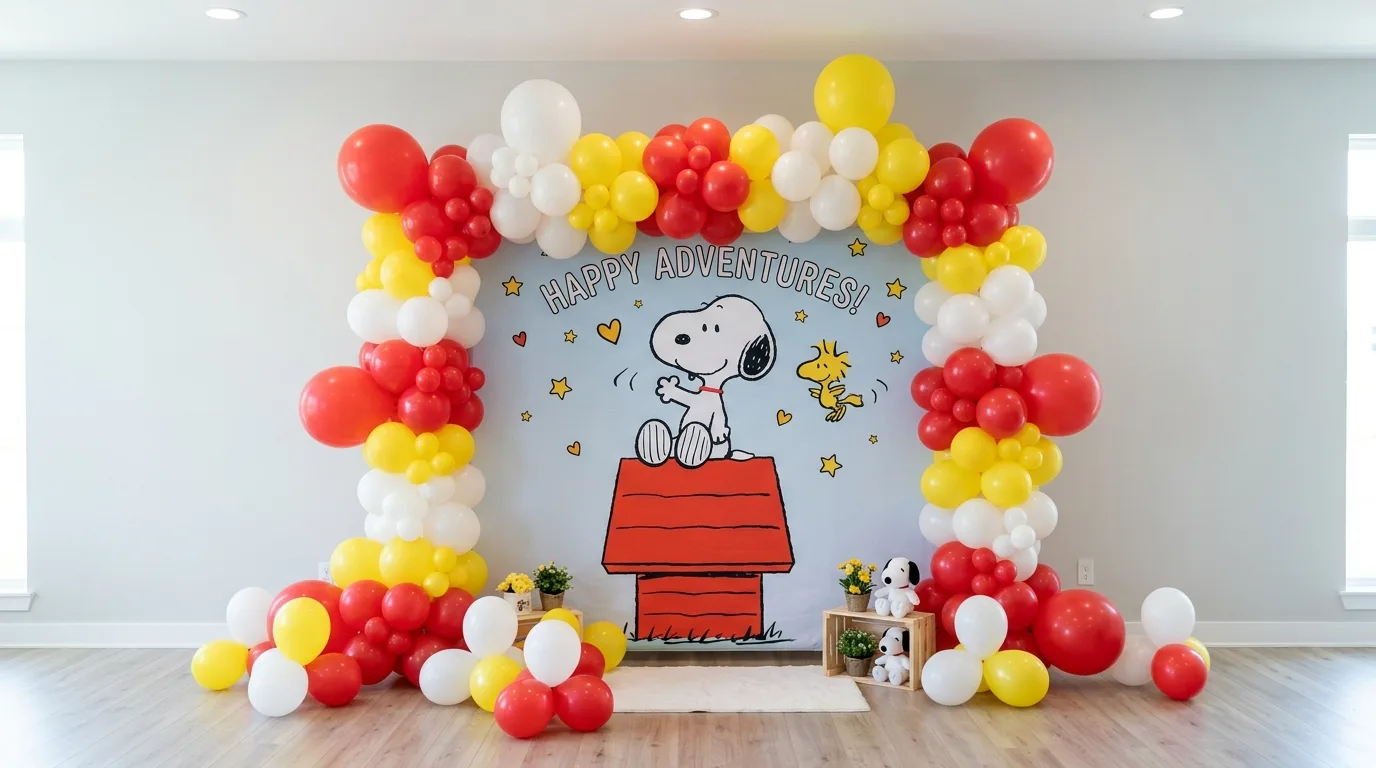 Snoopy and Woodstock backdrop with layered balloons in red white yellow and blue