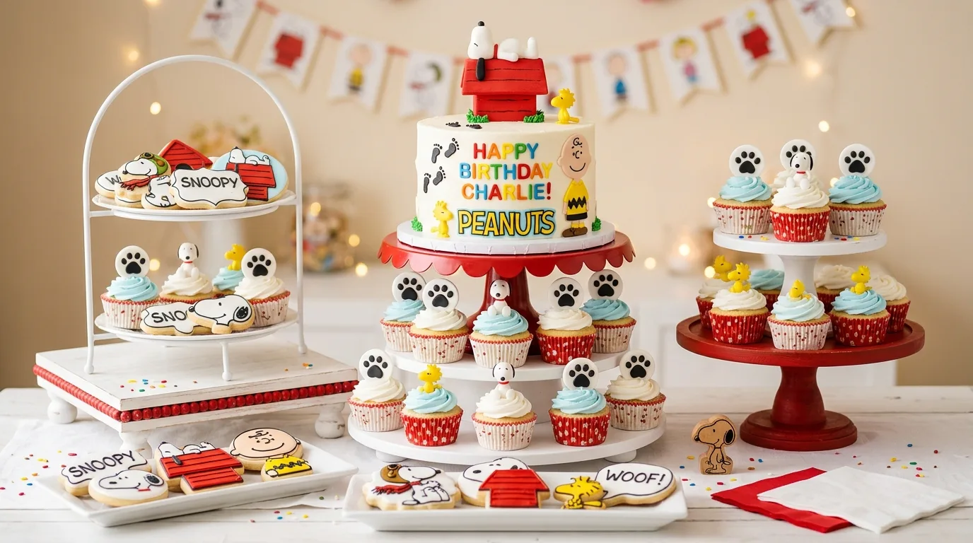 Snoopy dessert display with themed cookies, cupcakes, and decorated cake