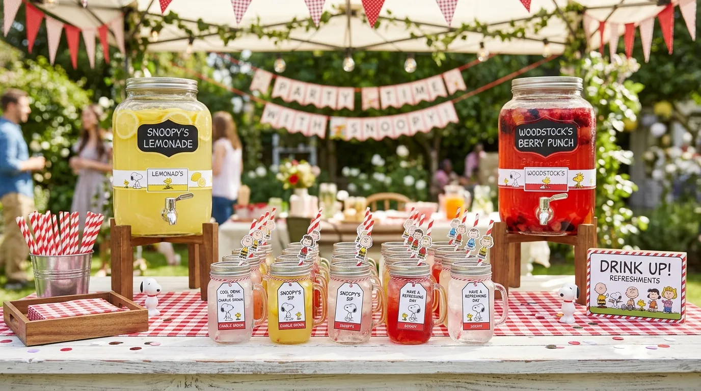 Snoopy drink station with lemonade, juice jars, striped straws, and themed labels