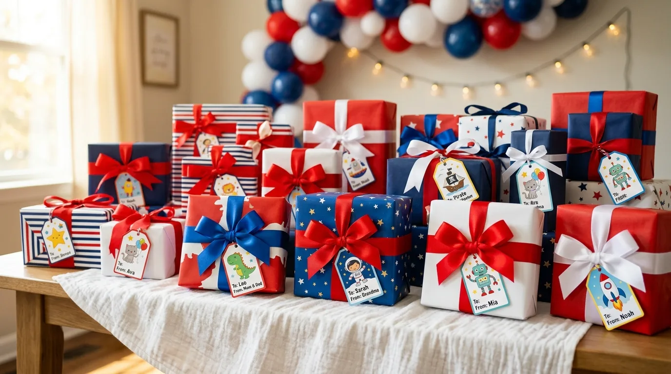 Snoopy gift table with wrapped presents in red white and blue and cartoon tags