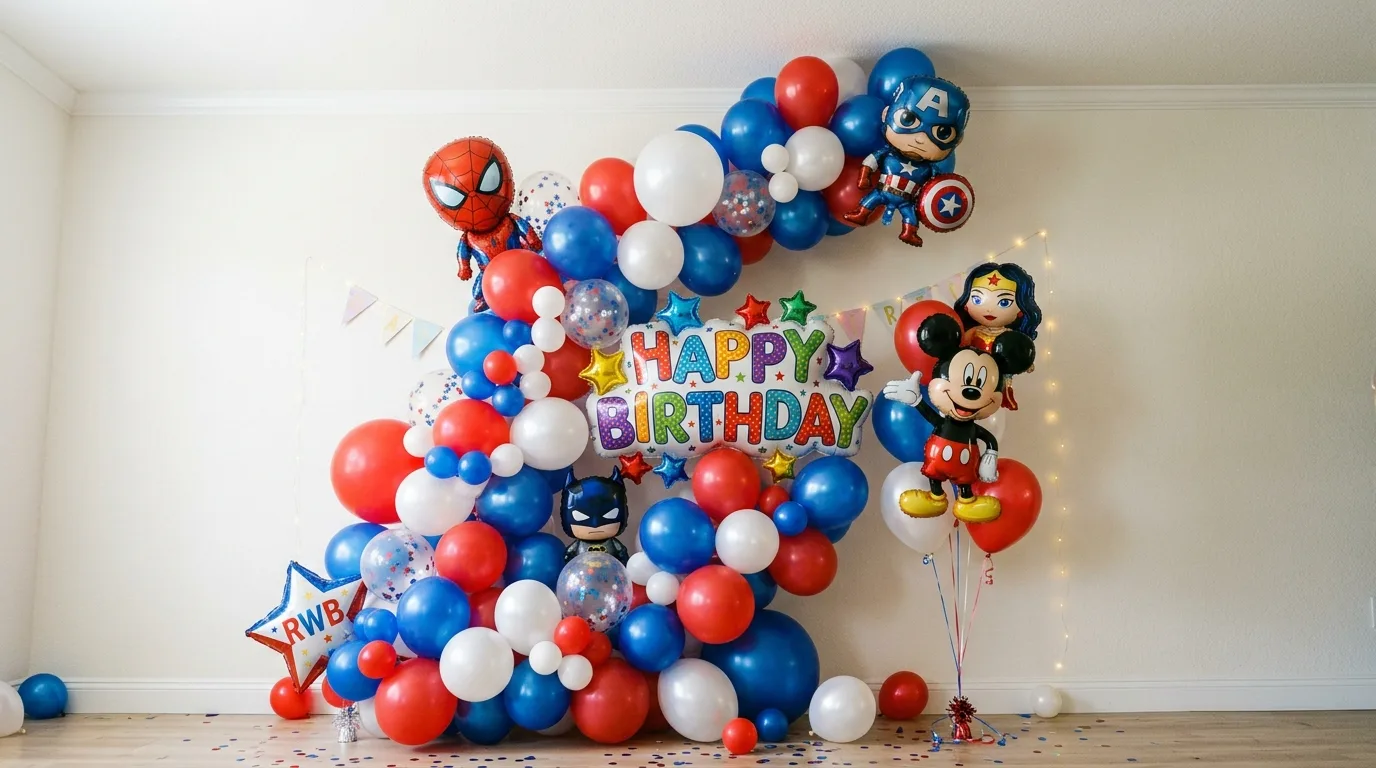 Snoopy themed balloon arrangement in red white and blue