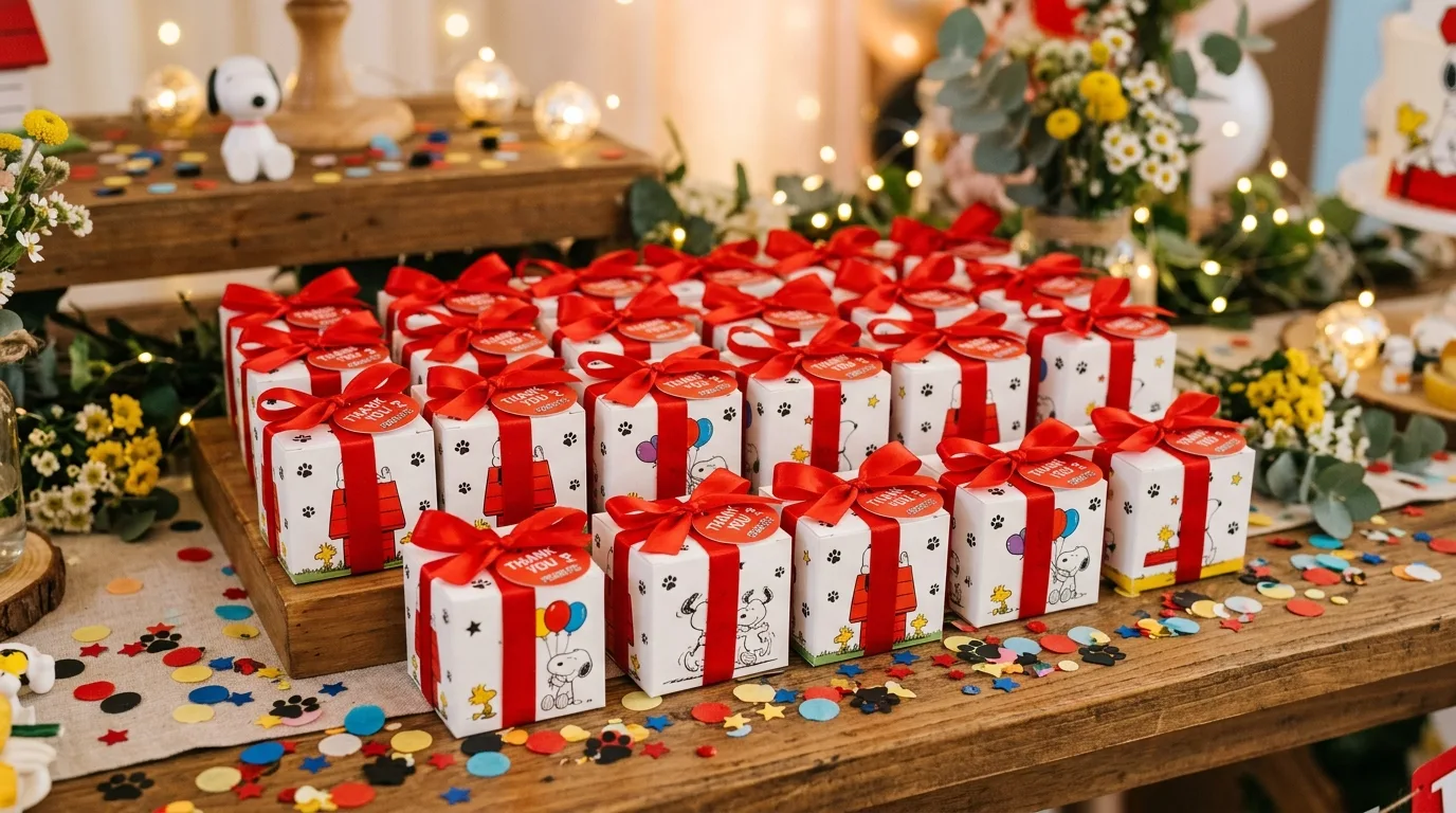 Snoopy party favors with paw print details, ribbons, and confetti