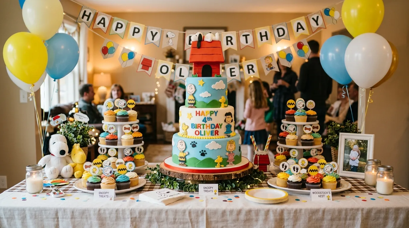 Snoopy cake table with multi-tier cake, doghouse details, and cupcakes