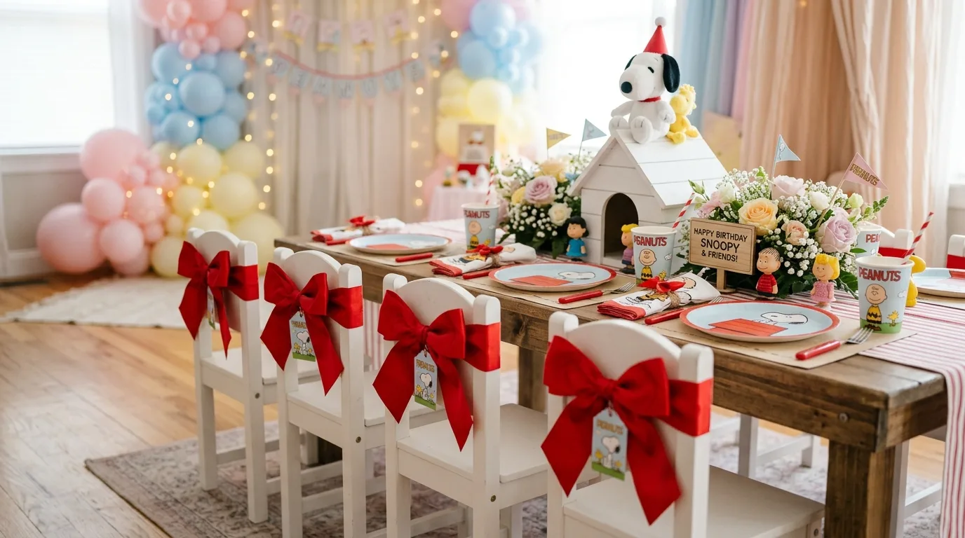 Snoopy themed seating setup with decorated chairs and matching tableware