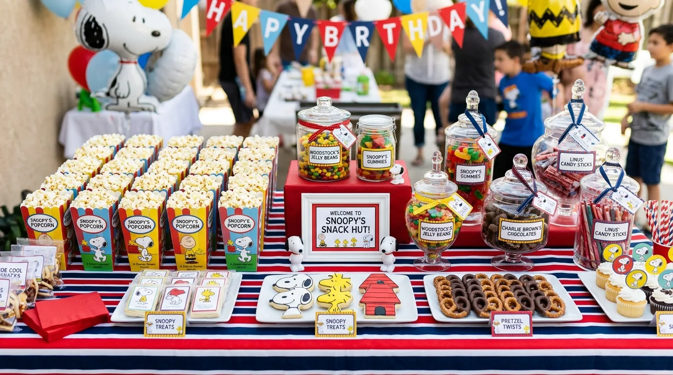Snoopy snack table with popcorn boxes, candy jars, and striped tablecloth