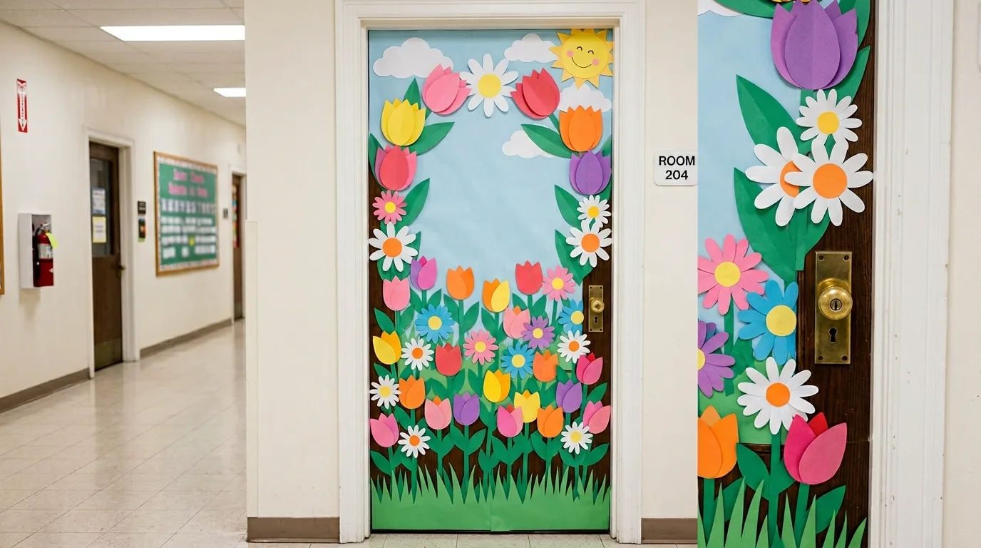 Spring classroom door with flower garden scene and colorful paper blooms