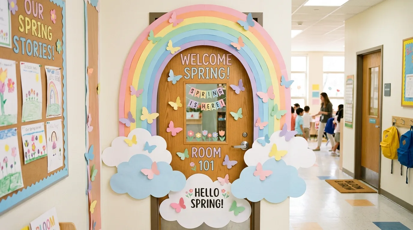 Spring classroom door with giant rainbow, clouds, and butterflies