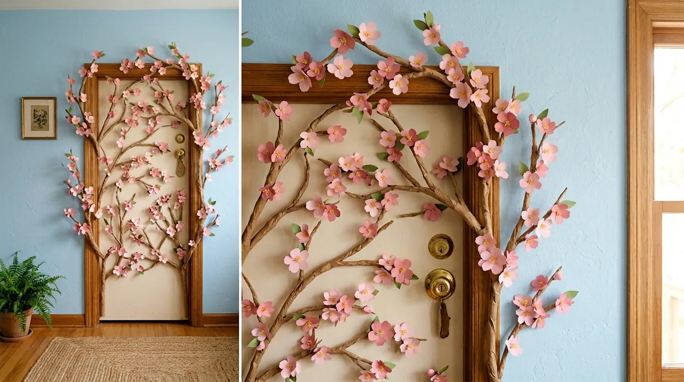 Door decorated with blooming tree branches and pink blossoms on blue background