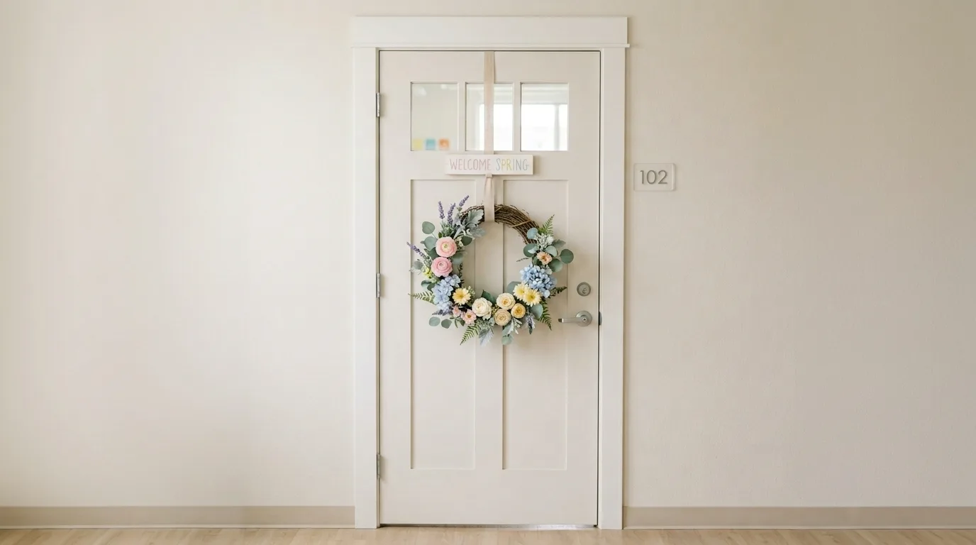 Minimalist spring classroom door with floral wreath and greenery