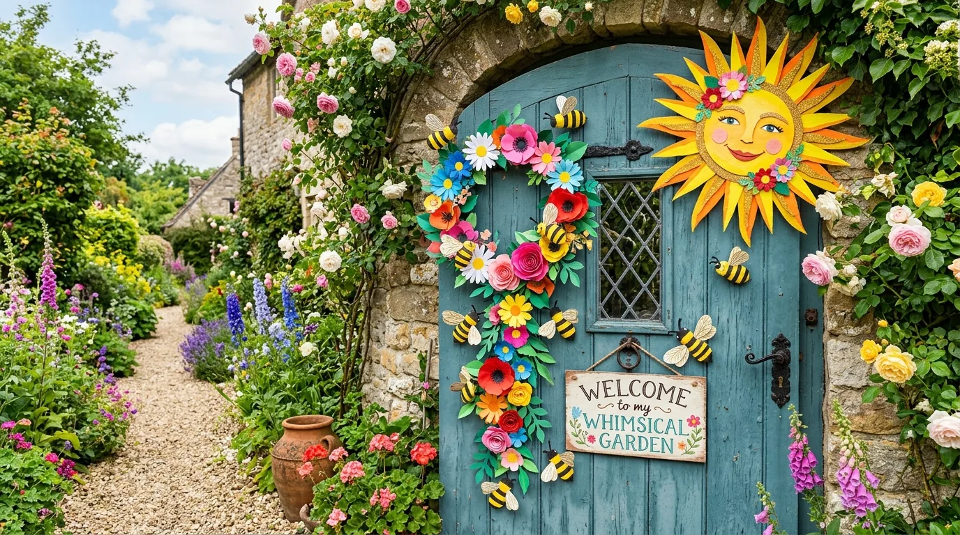 Whimsical garden classroom door with paper bees, flowers, and large sun