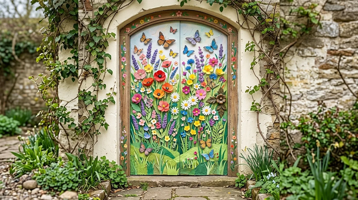 Spring classroom door designed as flower field with layered grass and butterflies