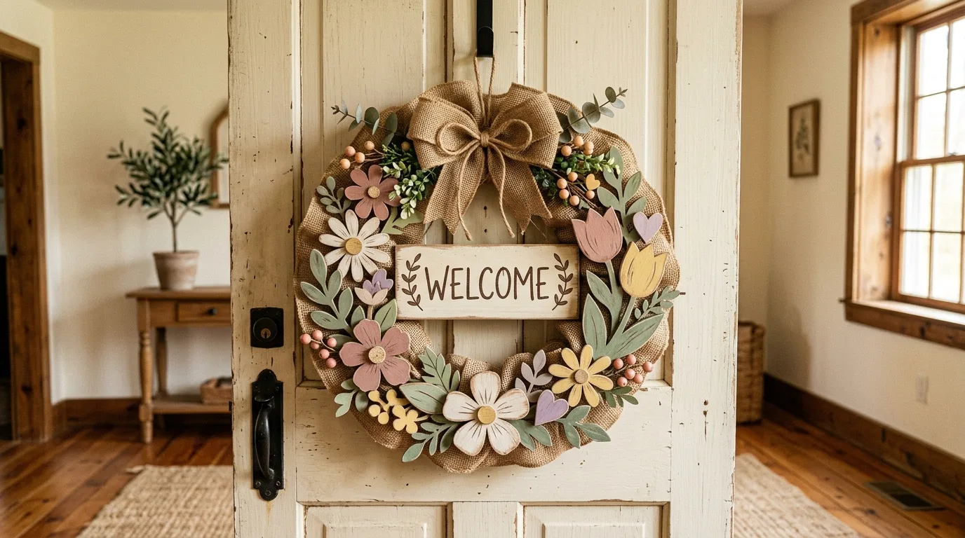 Rustic spring classroom door with burlap texture and wooden style flower cutouts