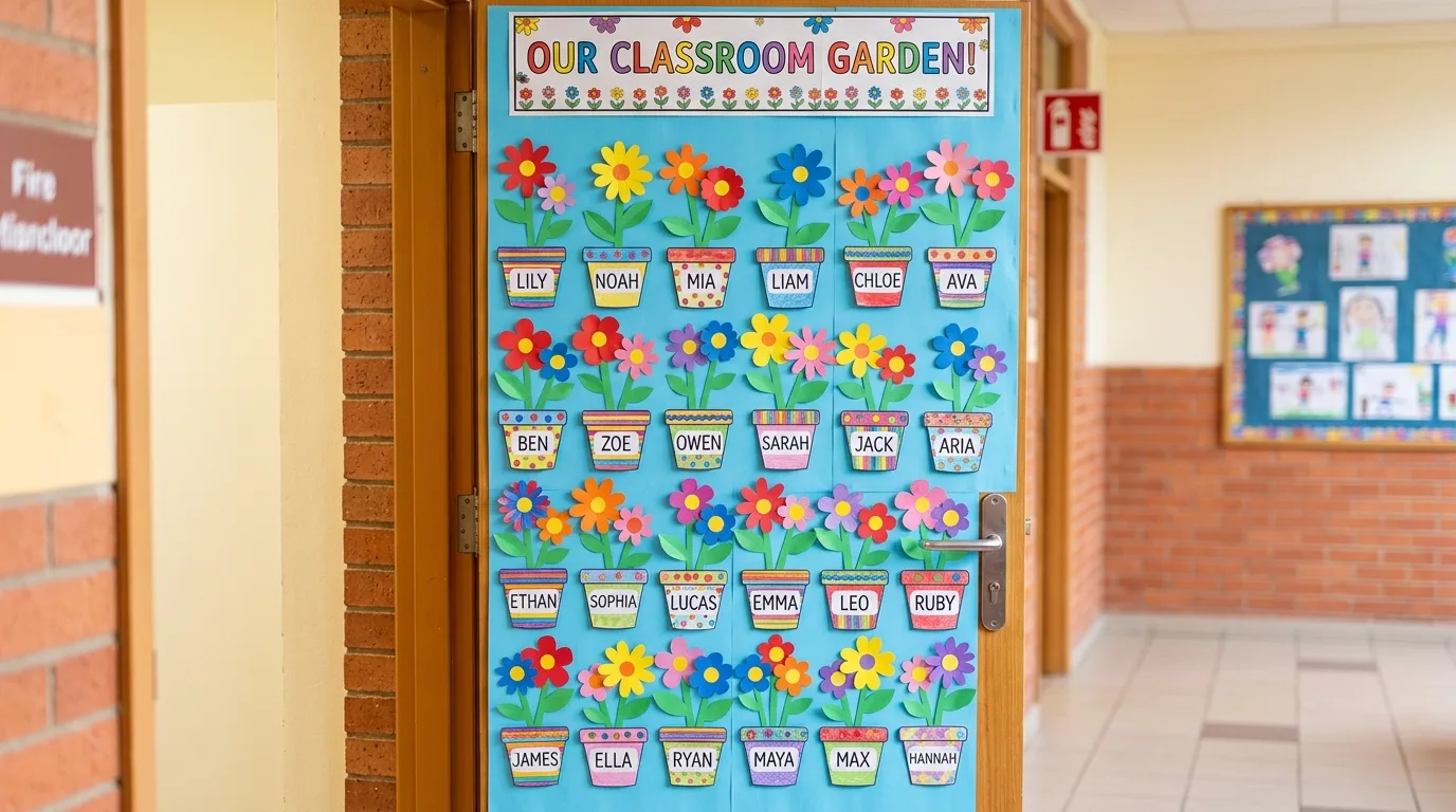 Interactive classroom door with flower pots labeled with student names