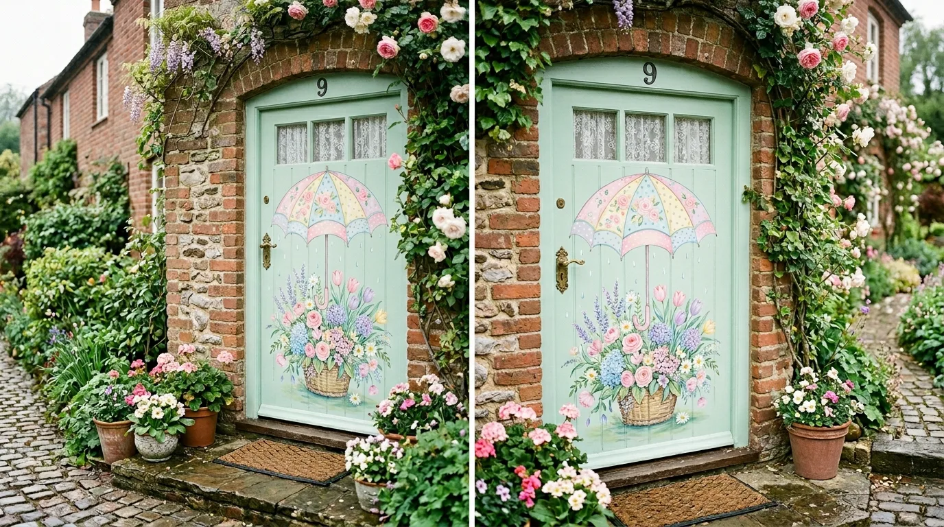 Spring classroom door with umbrella, raindrops, and blooming flowers