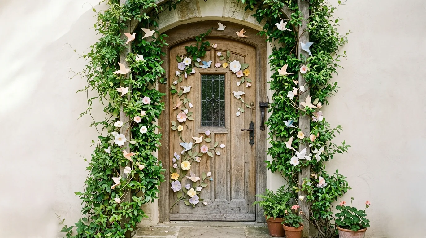 Nature inspired classroom door with vines, birds, flowers, and neutral background
