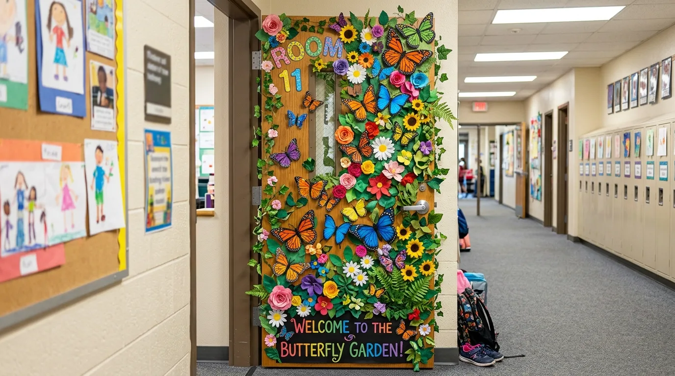 Spring classroom door transformed into butterfly garden with flowers and greenery