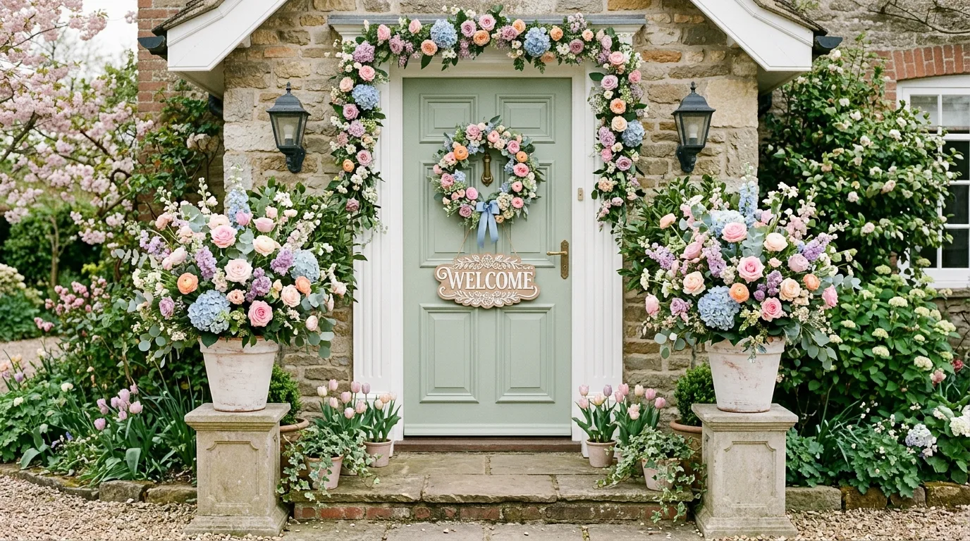 Elegant spring classroom door with balanced floral arrangements and welcome sign