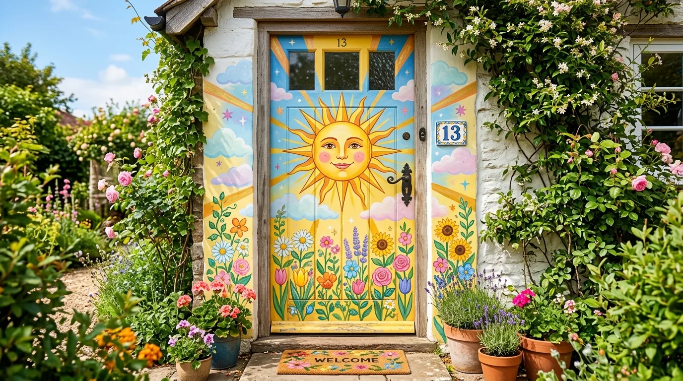 Sunshine themed classroom door with smiling sun, flowers, and clouds
