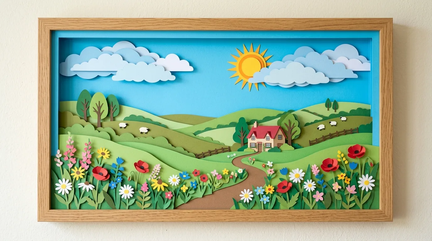 Creative layered paper spring door with hills, flowers, clouds, and bright sky