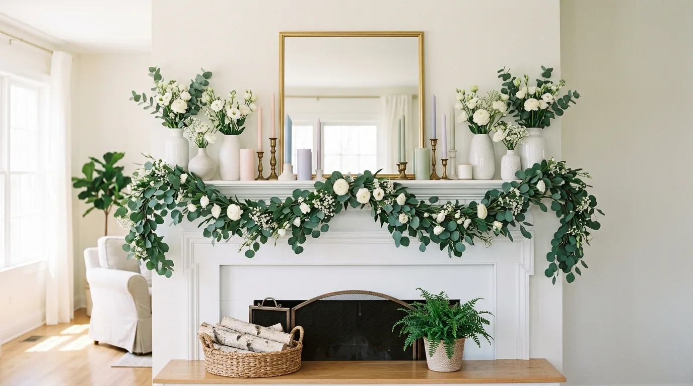 Spring fireplace mantel with eucalyptus garland, white vases, and pastel candles