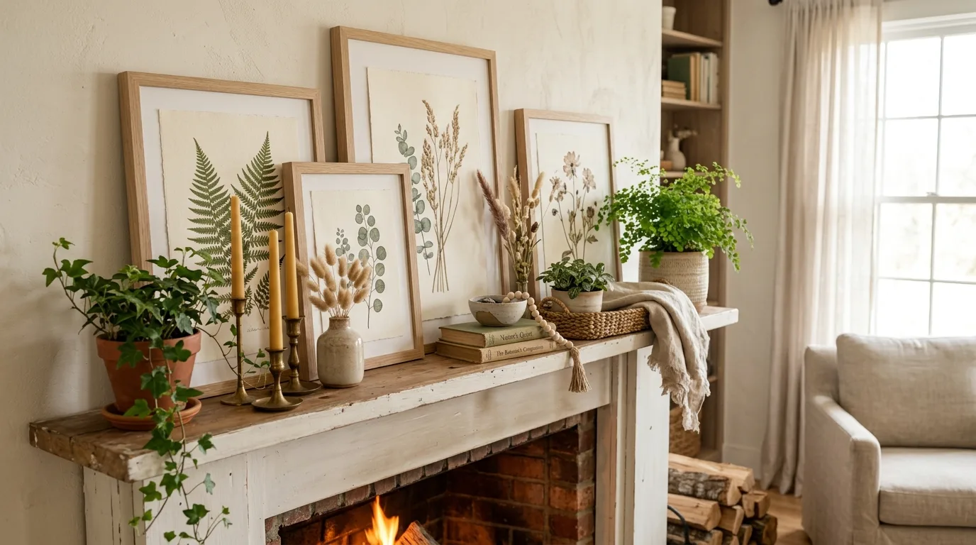 Cozy spring mantel with botanical prints, small plants, and neutral decor