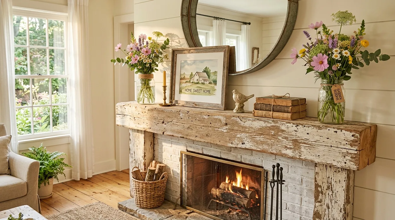 Farmhouse-style spring mantel with mason jars, flowers, and distressed wood
