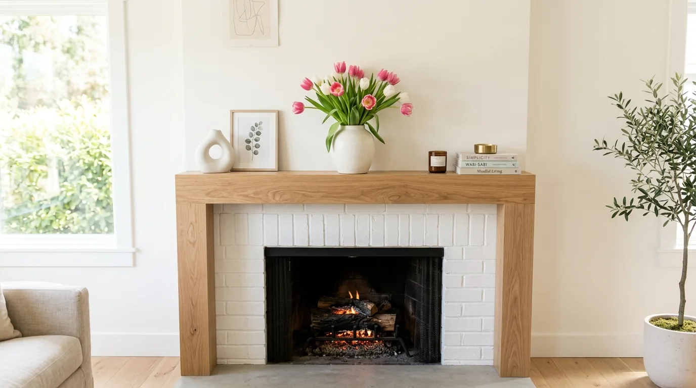 Minimalist spring mantel with a single vase of tulips