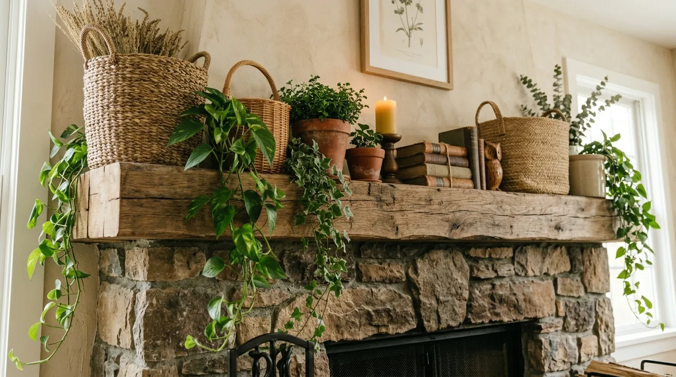 Rustic spring mantel with woven baskets, greenery, and wooden accents