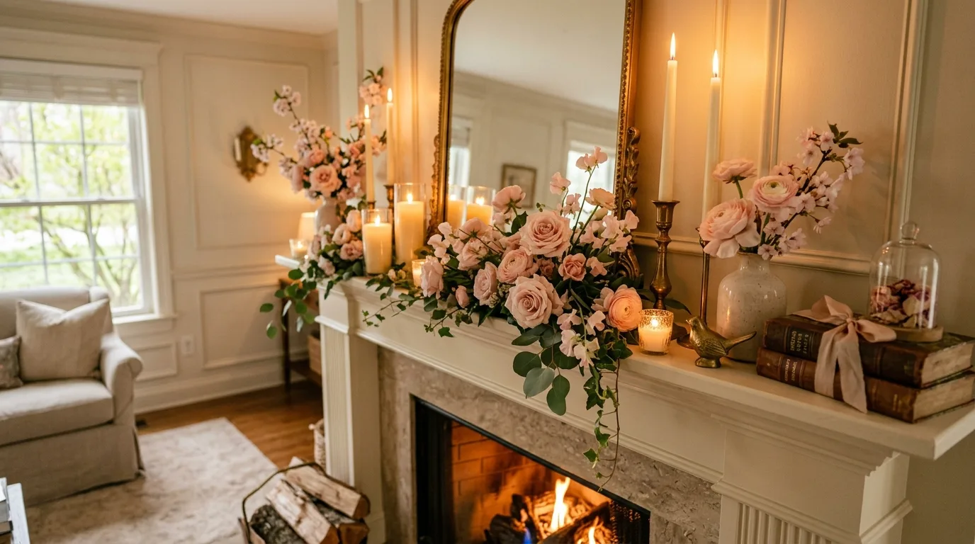 Romantic spring mantel with blush florals and delicate candles