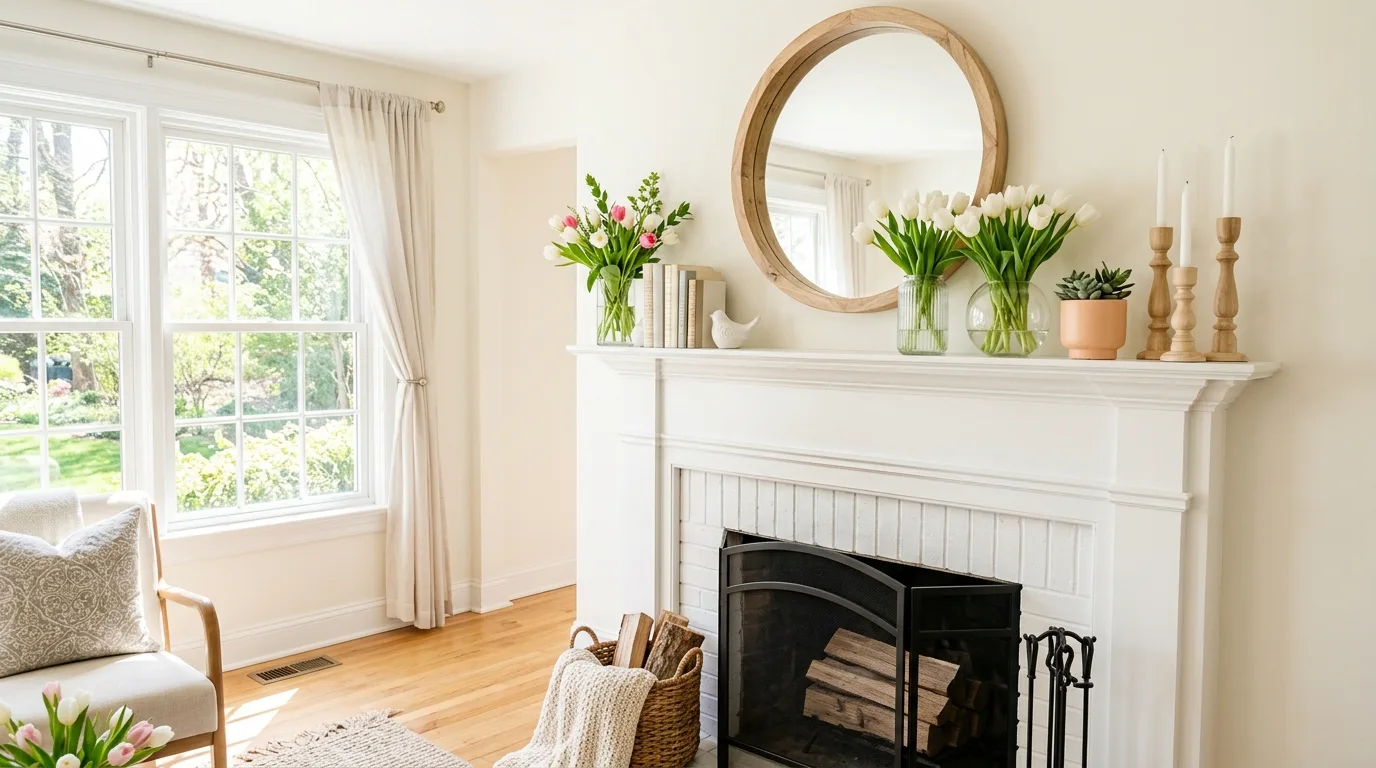 Bright spring mantel with white decor, tulips, and light wood accents