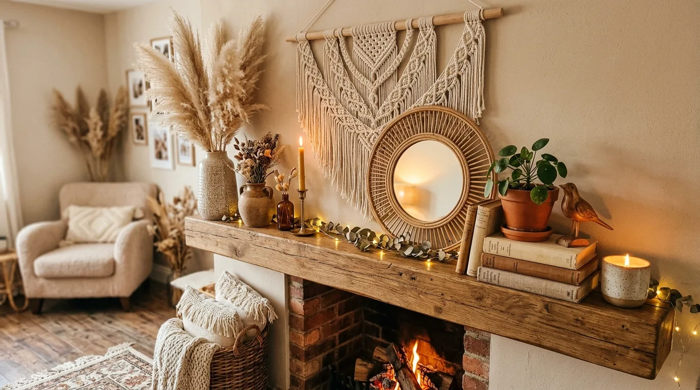 Boho-inspired spring mantel with macrame, pampas grass, and layered textures