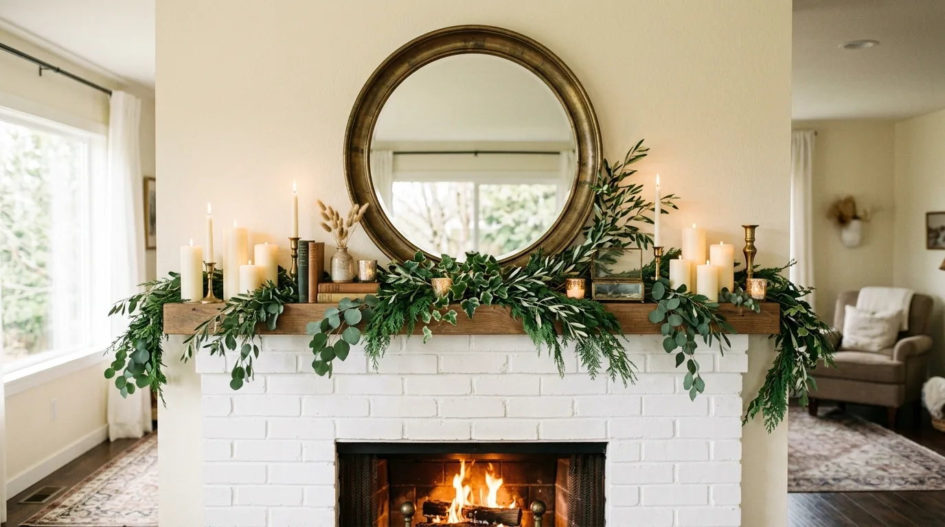 Spring mantel with large round mirror, greenery, and candles