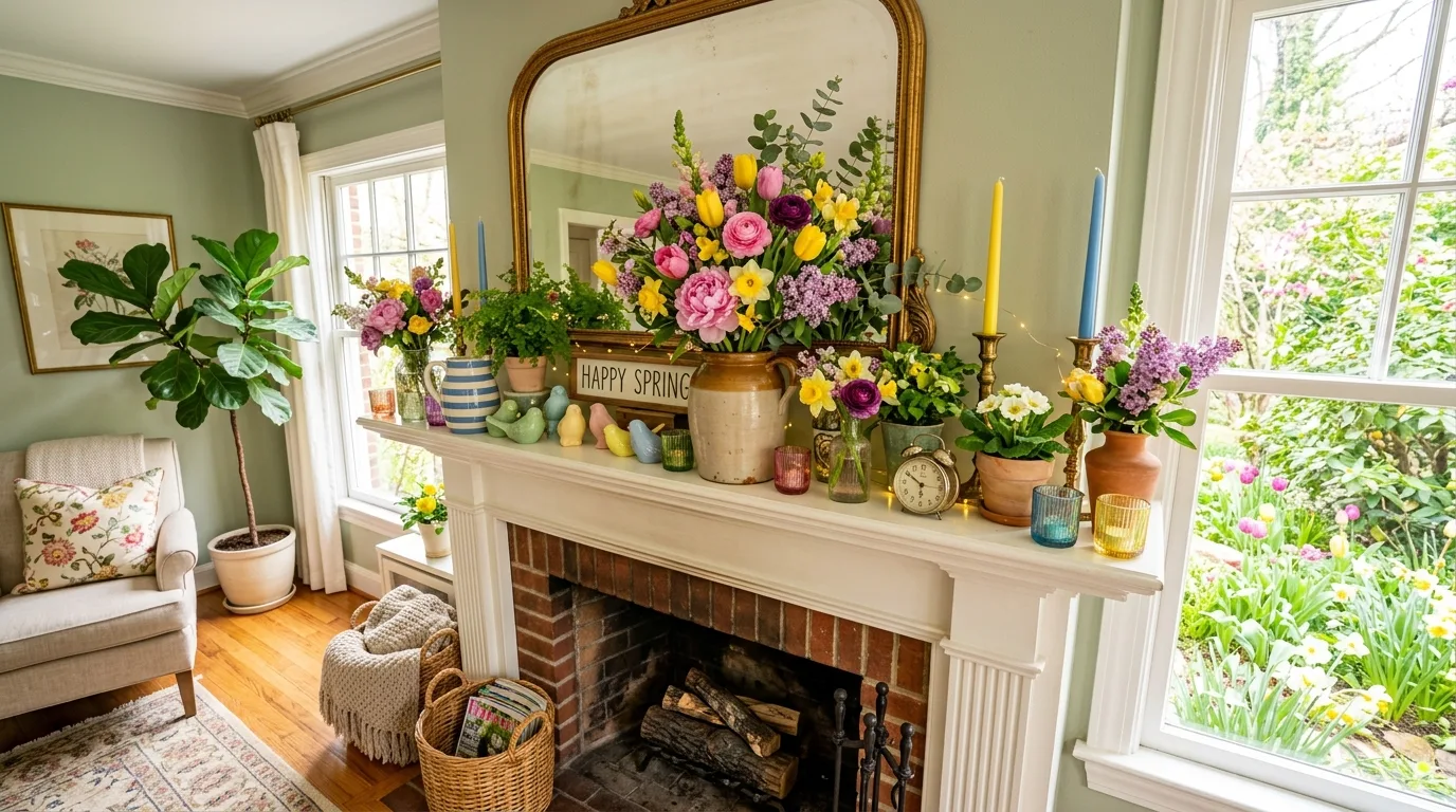 Vibrant spring mantel with colorful floral arrangements and lively accents