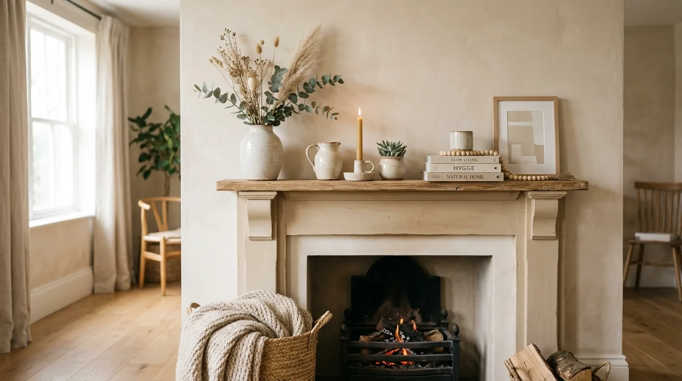 Neutral cozy spring mantel with beige tones, ceramics, and subtle greenery